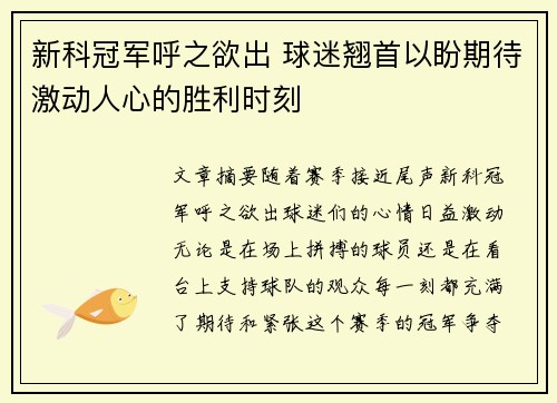 新科冠军呼之欲出 球迷翘首以盼期待激动人心的胜利时刻