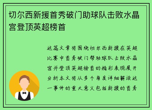 切尔西新援首秀破门助球队击败水晶宫登顶英超榜首