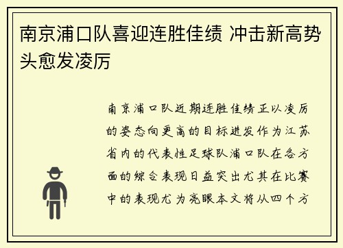 南京浦口队喜迎连胜佳绩 冲击新高势头愈发凌厉