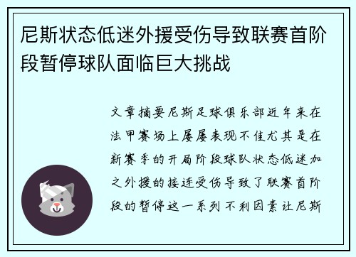尼斯状态低迷外援受伤导致联赛首阶段暂停球队面临巨大挑战