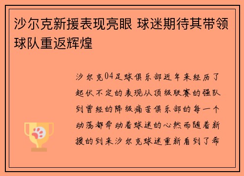沙尔克新援表现亮眼 球迷期待其带领球队重返辉煌