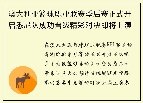 澳大利亚篮球职业联赛季后赛正式开启悉尼队成功晋级精彩对决即将上演