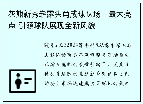 灰熊新秀崭露头角成球队场上最大亮点 引领球队展现全新风貌
